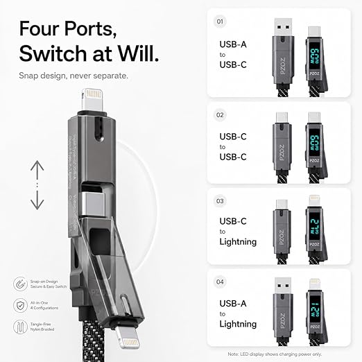 pzoz 4-in-1 Multi Charging Cable with LED Display One Cable for USB-C &amp Lightning Devices 60W Fast Charging Cord USB A/C to USB C/Lightning for iPhone 17/16/15 iPad MacBook Samsung(5 ft)