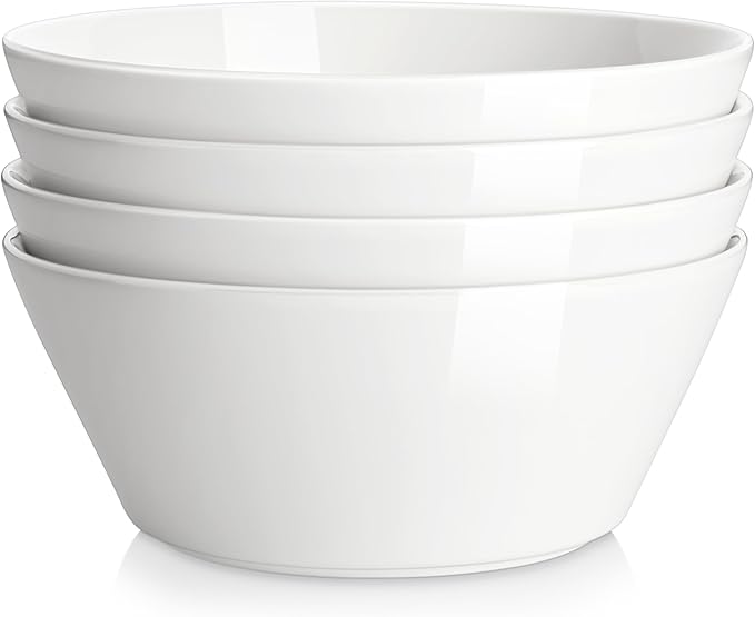 MALACASA Large Salad & Soup Bowls - Set of 4, 60 OZ Porcelain White Bowls for Ramen, Pasta, Pho - Microwave & Dishwasher Safe