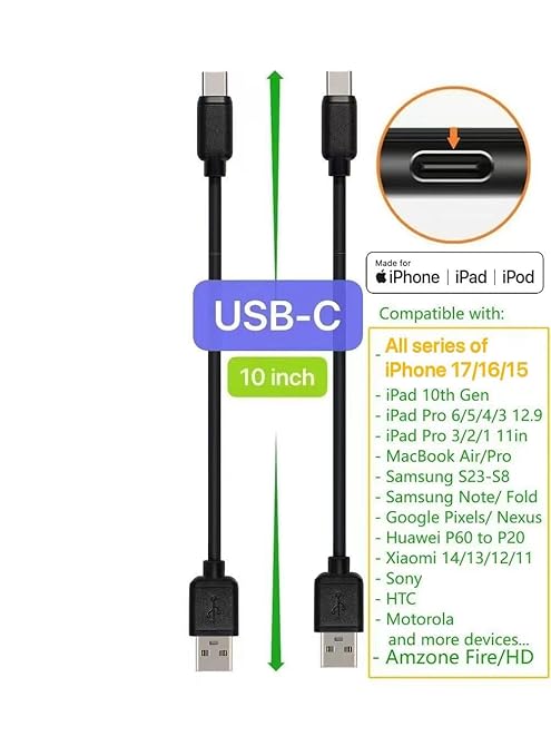 10-Pack Multi Short USB Cables &amp TypeC-C Cables for Charging Stations Compatible/w iPhone171615 iPhone14-5/ iPads/iPad mini/iPad Pros/Samsung Moblies &amp Tablets/Pixel &amp Nexus/HTC/Sony(Bl