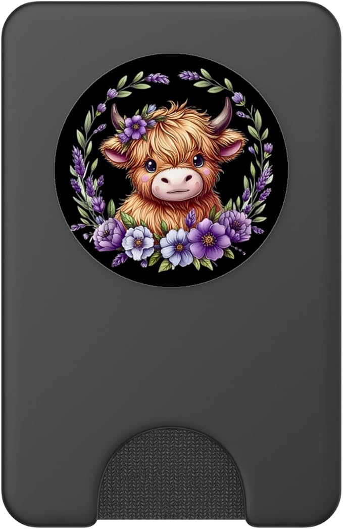Baby Highland Cow with Purple Flowers Scottish Farm PopSockets Adhesive PopGrip