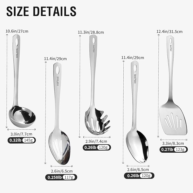 HIFIND Stainless Steel Cooking Utensils Set, 5PCS Kitchen Utensils Set, Durable Kitchen Gadgets, Ladle, Slotted Turner, Slotted Serving Spoon, Solid Serving Spoon, Pasta Fork