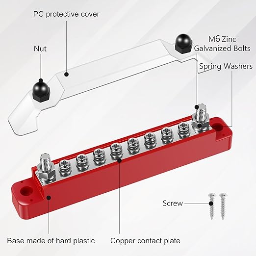 2Set 12V Bus Bar Stainless Steel Power Distribution Block Space Saving Marine Buss Bar High Security for Boat 2 x 1/4" Posts, 8 x M4 (#8) Screws Terminals (Black+Red)