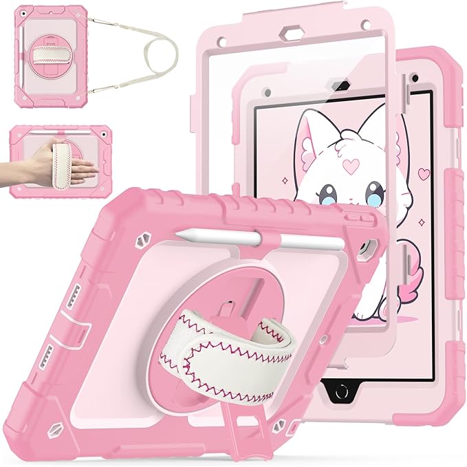 Cantis Case for iPad 9th/8th/7th Generation with Screen Protector, iPad 10.2 Case 2021/2020/2019 with 360 Degree Rotating Stand/Shoulder Strap/Pencil Holder, Pink