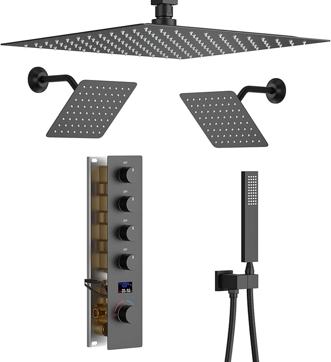 KATAIS Shower Faucet Set Matte Black Shower System with 12 inch Ceiling Mounted Shower Head and Dual 8 inch Wall Mounted Shower Head, Digital Display Shower Fixtures with Handheld Spray