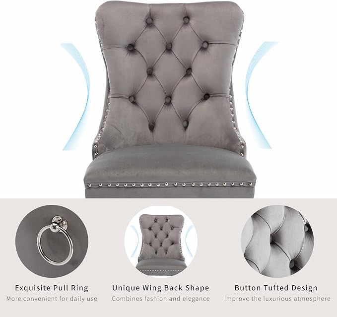 Luxury Upholstered Dining Chairs Set of 2, Grey Kitchen Chair with Silver Metal Legs, Velvet Tufted Back Dining Chair, Sillas de Comedor, Modern Kitchen & Dining Room Chairs (Gray, 2 Pcs)