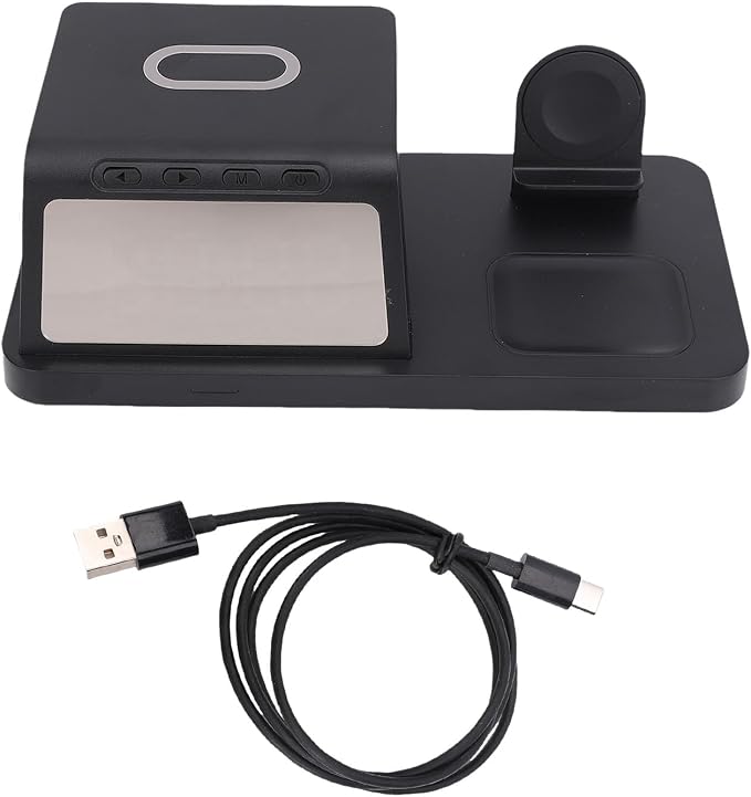 GOWENIC Multifunctional Alarm Clock with Wireless Charger 15W Fast Charging Station for Phone Watch Earbuds Desktop Charger for Home Office Nightstand Charging Dock for Smartphones