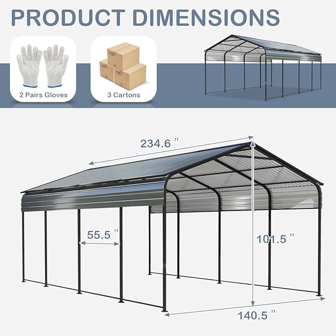 Metal Carport 12x20 FT Heavy Duty, Outdoor Steel Large Rv Car Ports Canopy with Galvanized Steel Roof and Frame, Car Shelter Protect from Sun and Heavy Snow for Pickup, Boat, Car and Tractors