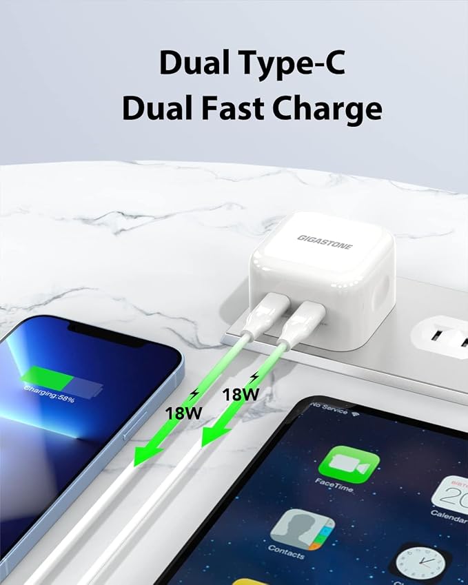 Gigastone 25W USB C Wall Charger 2-Pack iPhone Charger Fast Charging for iPhone 16/15/14/13/12 Series 2-Port USB C Charger Block PD3.0 Durable Compact 25W USB-C Power Adapter