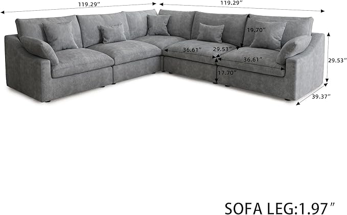 Modular Sectional Sofa,119inch V Shaped Down Filled Cloud Couch,5 Seater Convertible Sofa Living Room Set,Cover Washable and Replaceable Couches for Living Room,Gray