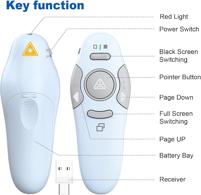 QUI Presentation Clicker Wireless Presenter Remote Clicker for PowerPoint Presentation Remote, PowerPoint Slide Advancer for Mac/Windows/Linux, Google Slide/PPT/Keynote, USB A&C, Blue