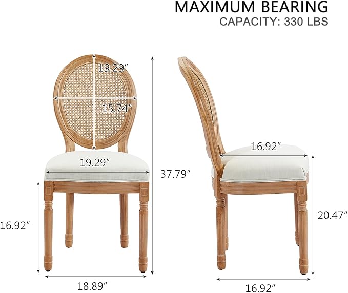 Nrizc French Country Dining Chairs Set of 4, Farmhouse Fabric Chairs with Round Back, Rattan Dining Chair, Oval Side Chairs for Dining Room/Living Room/Kitchen/Restaurant
