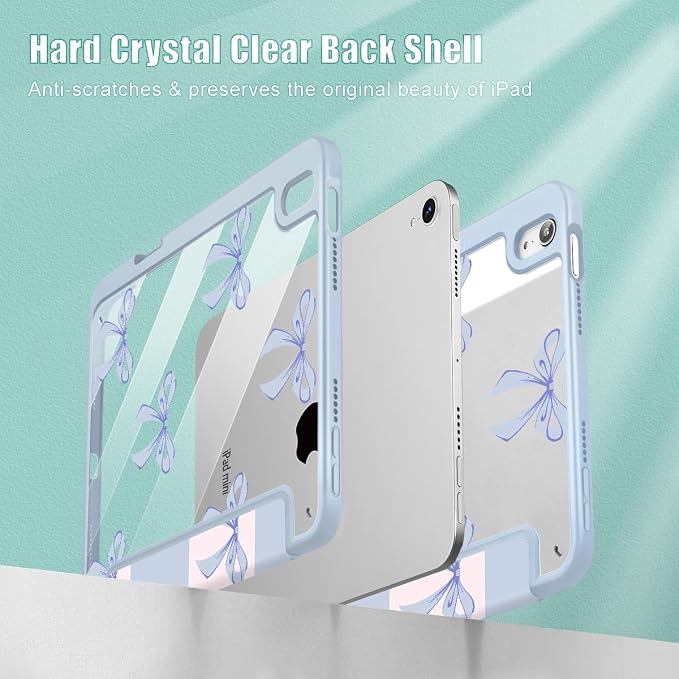 Case for iPad mini (A17 Pro 7th Generation) 2024/iPad Mini (6th Gen) 8.3 Inch with [Built-in Pencil Holder] Shockproof Cover with Clear Transparent Back Shell &amp Auto Wake/Sleep - Blue Bows