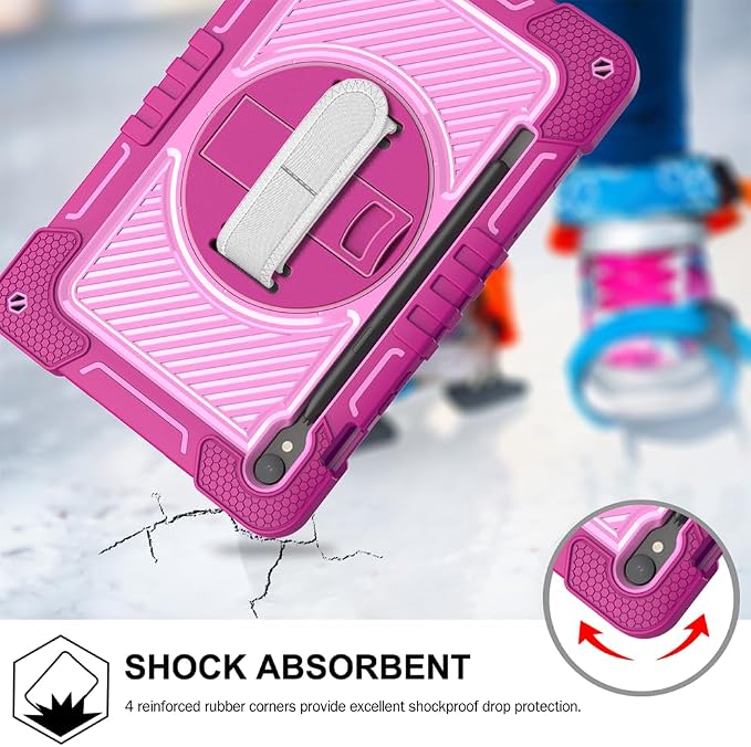 Case for Samsung Galaxy Tab S10 Lite 10.9-Inch Tablet – Shockproof Silicone Protective Cover with Shoulder StrapWrist Strap Drop-Resistant Business Style (Rose red+Pink)