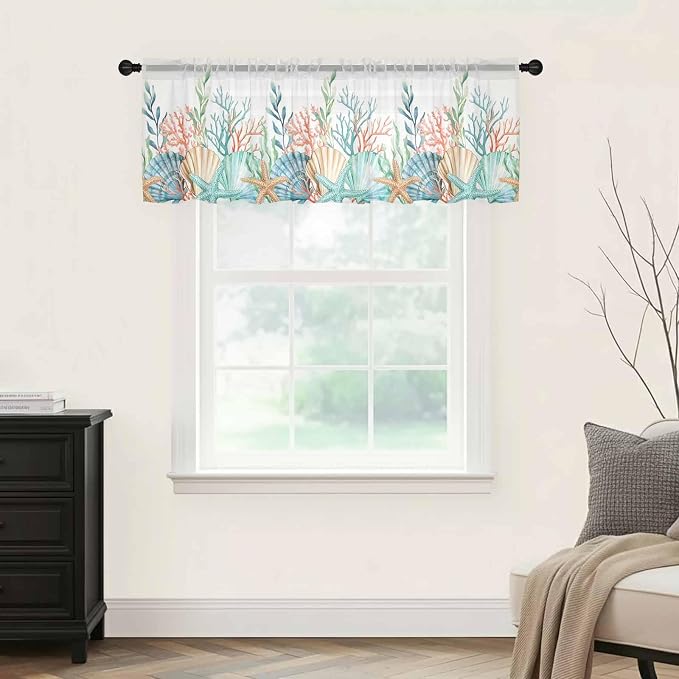 Summer Beach Sheer Valance Curtains, Ocean Colorful Coral Shell Seaweed