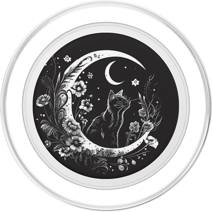 Cat Sitting On Crescent Moon Flowers Stars Drawing PopSockets Adhesive PopGrip