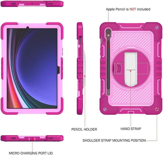 Case for Samsung Galaxy Tab S10 Lite 10.9-Inch Tablet – Shockproof Silicone Protective Cover with Shoulder StrapWrist Strap Drop-Resistant Business Style (Rose red+Pink)