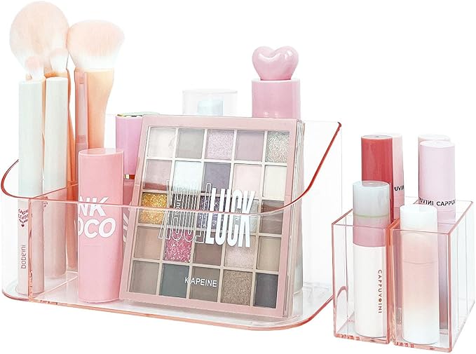 SUNFICON Makeup Holder Tray Organizer Cosmetic Display Case Tabletop Desktop Vanity Countertop Bathroom Wall Cabinet Medicine Storage Box 9 Dividers 2 Removable for Womens Ladies Girls Crystal Pink