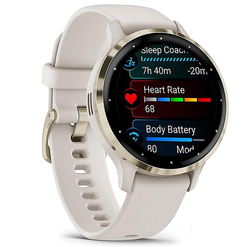 Garmin Venu 3S (Refurbished) Soft Gold Stainless Steel Bezel 1.2-Inch AMOLED Smartwatch with 41mm Ivory Case w/Band (Renewed), 010-N2785-04 - Bundle w/Deco Essentials 2-Year CPS Plan