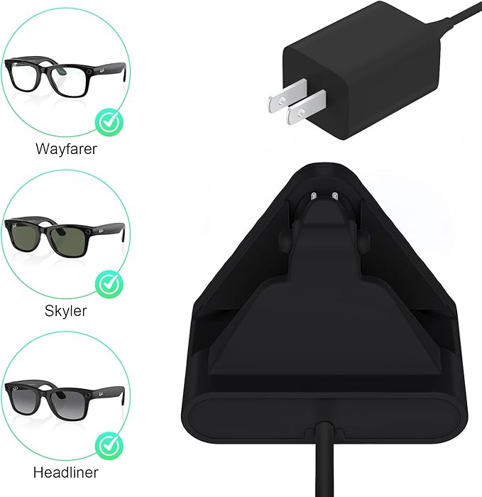 Smart Glasses Charging Stand Dock Compatible with Ray-Ban Meta Wayfarer, Headliner, Skyler, Renewed, Oakley Meta HSTN, Portable Smart Glasses Charger Dock with Charging Adapter (Black)