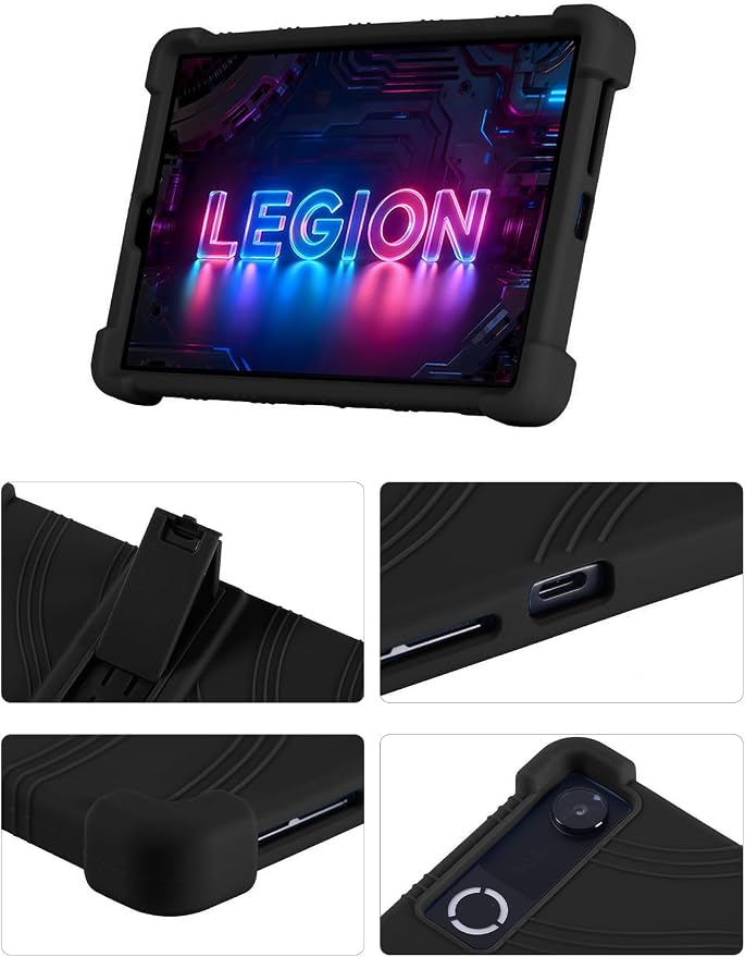 Silicone Case with Kickstand for Lenovo Legion Y700 Gen 4 / Gen 5 8.8 [TB323FU] Shockproof Protective Cover with Stand for Gaming Tablet (Black)