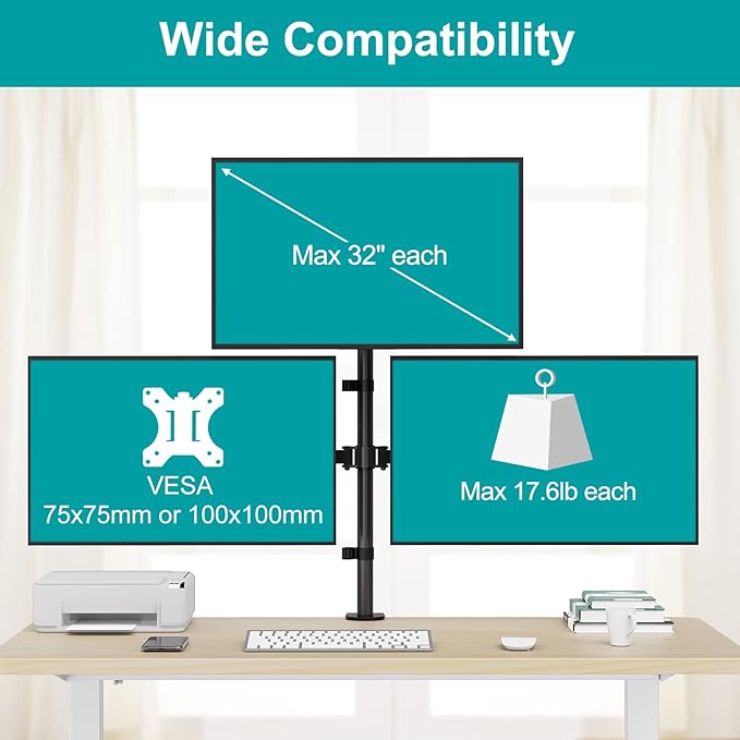 MOUNT PRO Triple Monitor Mount, Monitor Desk Mount for 3 Screens up to 32 inch, 17.6 lbs Each, Fully Adjustable Stacked Computer Stand, Table VESA Mounting, C clamp/Grommet Base