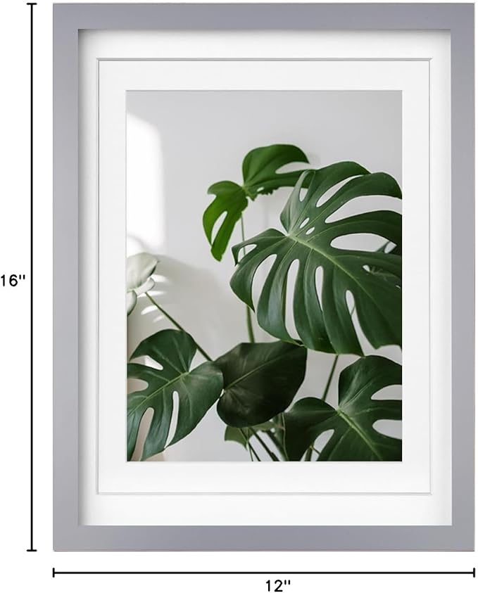Egofine 12x16 Picture Frame Made of Solid Wood with Plexiglass, Display Pictures 9x12/11x14 with Mat or 12x16 Without Mat, for Wall Mounting Photo Frame, Light Grey