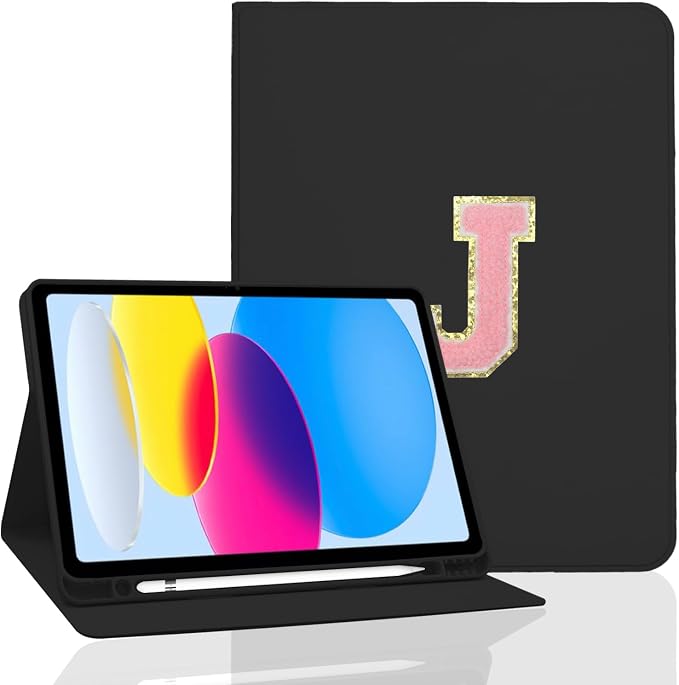 for iPad 9th Generation 10.2 Inch 2021/2020/2019 Case Initial Chenille Letter Suture Personalized for iPad 9th/8th/7th Generation Case with Auto Sleep/Wake Pencil Holder (Black A)