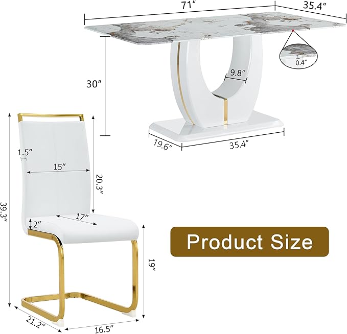 Dining Set for 6 - 71'' Faux Marble Table With PU Leather Upholstered Chairs for Kitchen and Dining Room (White-Golden)