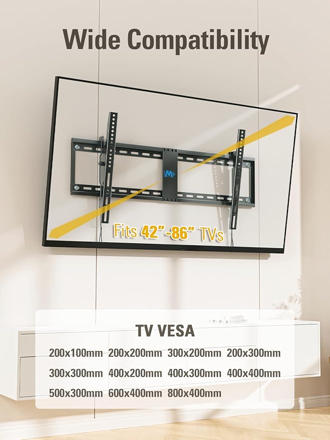Mounting Dream TV Wall Mount for 42-86" TVs, Tilting TVs Mount with Level Adjustment Fits 16", 18", 24" Studs Easy for Centering, Wall Mount TV Bracket Max VESA 800x400mm, 120 LBS Loading, MD2263-XLK