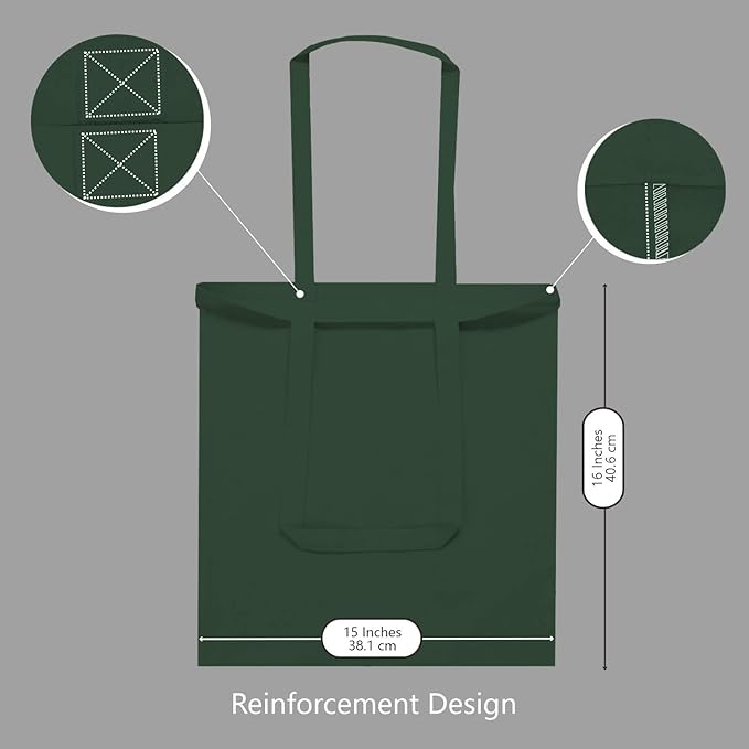 TOPDesign 24-Pack Economical 16"x15" Green Black Cotton Tote Bag, Lightweight Medium Reusable Grocery Shopping Cloth Bags, Suitable for DIY, Advertising, Promotion, Gift, Activity