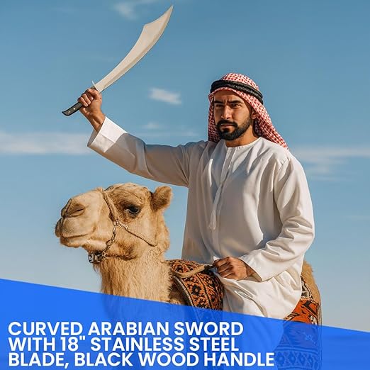 SZCO 25" Arabian Scimitar Machete – Full Tang Curved Arabian Sword with 18" Stainless Steel Blade, Black Wood Handle & Nylon Sheath – Real Sword for Adults, Camping & Display