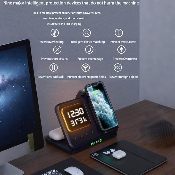 IHAO 3in1 Multifunctional Foldable Wireless Charging Station with LED Ambient Night Light Fast QC3.0 Charger for Phone iWatch Headphone Space-Saving Auto-Shutoff &amp Overcharge Protection-Black