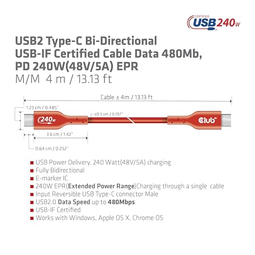 Club 3D CAC-1511 USB2 Type C to Type C Certified Bi-Directional Cable with 240W Charging 480Mb Data Transmission EPR 1m - 3.28ft