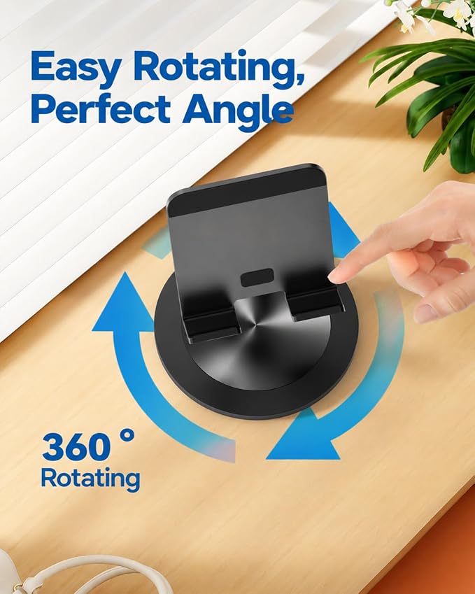 Phone Stand for Desk 360° Rotating Dual Adjustable Foldable Cell Phone Holder Heavy Solid All-Aluminum Base Anti-Slip Stable Support for Home Office Study Fits iPhone Galaxy 4-8 Phones