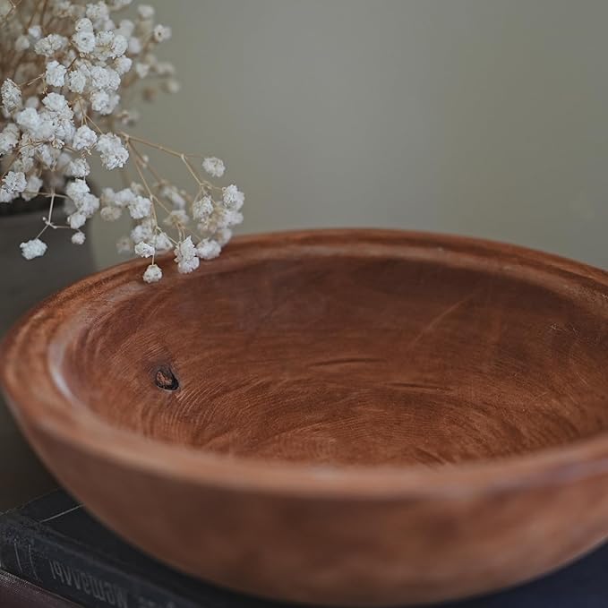Hand Carved Wooden Decorative Bowl for Home Entryway Decor, Wood Centerpiece Bowl for Coffee Table Decor, Wood Dough Bowl for Farmhouse Decor (Mahogany)