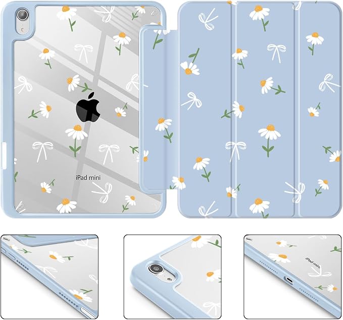 Case for iPad mini (A17 Pro 7th Generation) 2024/iPad Mini (6th Gen) 8.3 Inch with [Built-in Pencil Holder] Shockproof Cover with Clear Transparent Back Shell &amp Auto Wake/Sleep - Blue Bows
