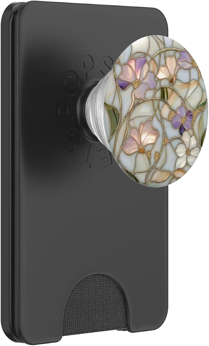 Stained Glass Floral Print with Purple Flowers PopSockets PopWallet for MagSafe