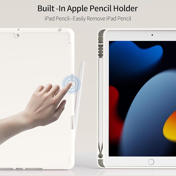 iPad 9th/8th/7th Case with Pencil Holder Silicone Cream White | Ultra-slim shockproof leather cover soft TPU back stable trifold stand auto wake/sleepfor iPad 10.2 Inch 2021/2020/2019