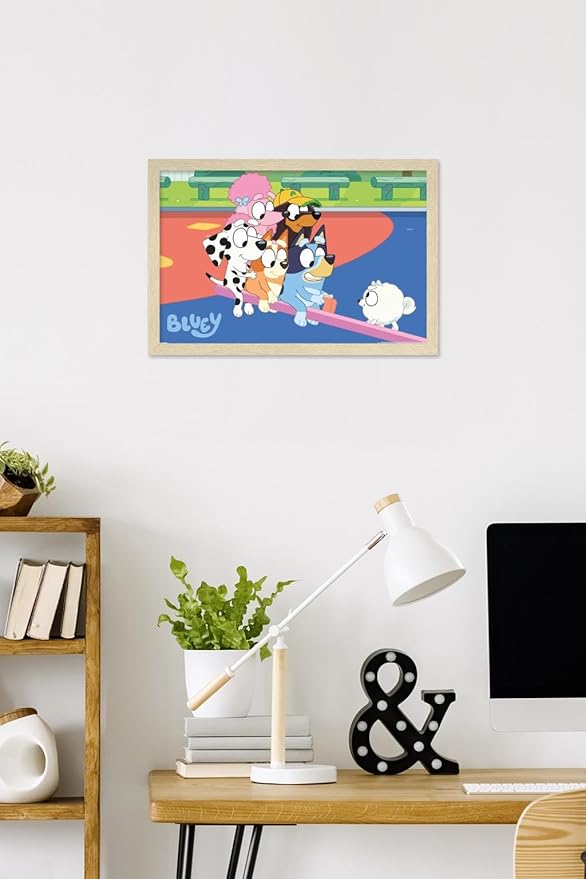 Bluey (2018) - Bluey and Friends See Saw Fun Wall Poster, 22.4L" x 14.7W", Blonde Framed Version