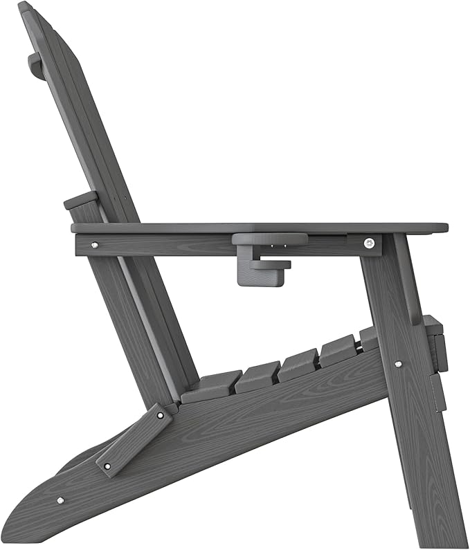 Plawdlik Folding Adirondack Chair, SGS Tested, Wooden Textured with Cup Holder, Heavy All-Weather HDPE Comfortable Set Poolside Backyard Lawn Grey Set 2