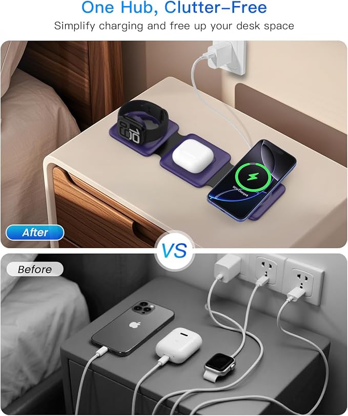 Iseyyox Charging Station for Mag Safe Apple - 3 in 1 Magnetic Foldable Wireless Charger Pad - Travel Charging Mat for iPhone 16 15 14 13 12 Pro Max Plus Watch & Airpods