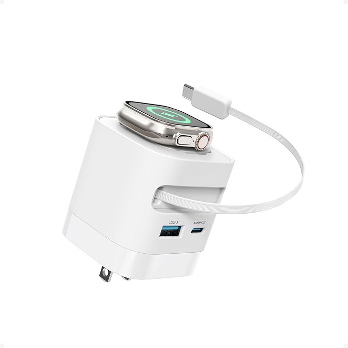 Charging Blocks for Apple Watch CHARCO 35W Retractable USB C Charger Block | 1 USB C and 1 USB A Wireless Smart Watch Charger with Foldable Plug Compatible with iPhone AirPods iWatch 1 Pack. With