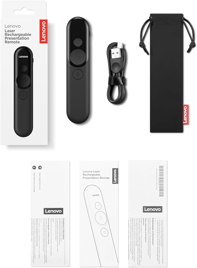 Lenovo Laser Rechargeable Presentation Remote, Bluetooth & USB, Digital & Laser Pointer, LCD Screen, Rechargeable Battery, 30M Range, Black, 500mm Cable Length
