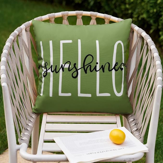 DFXSZ Outdoor Pillow Covers 20x20 Inch Set of 2 Hello Sunshine Decor Olive Green Waterproof Throw Pillow Covers Summer Outdoor Pillow Covers Decor for Patio Funiture Garden Sofa Couch 020G20