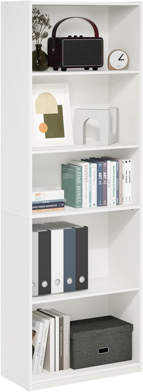 Furinno GEHRY Book Shelf, 5-Tier Bookshelf, Bookcase with Adjustable Shelves, 11.6 x 24.8 x 71.4, for Living Room, Bedroom, Home Office, White
