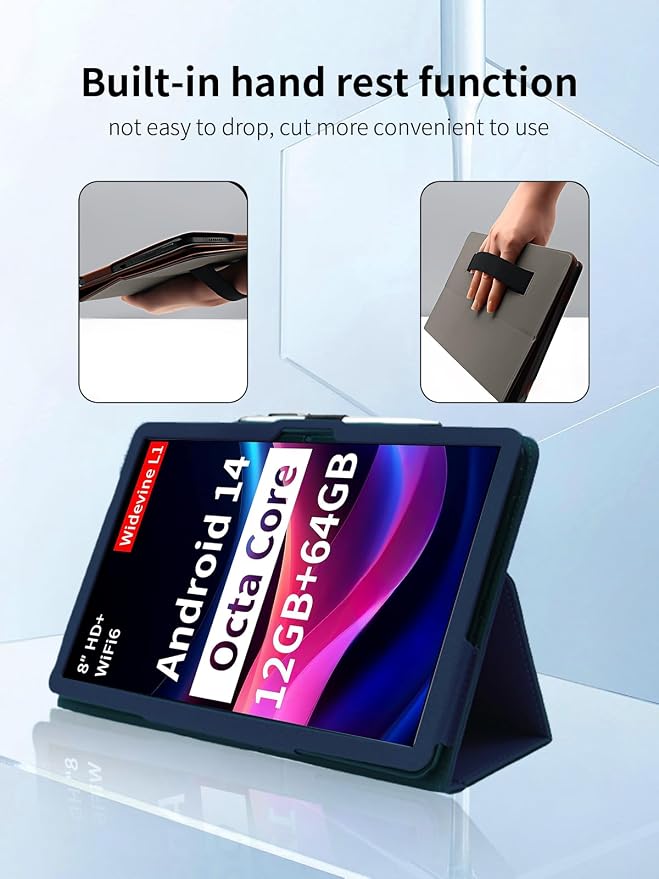 Case for Topsand M8 Android 14 Tablet 8 inch TabletsUYRUREL Leather Slim Folding Stand Cover with Hand Strap Magnet for Men Women Full ProtectionBlack.