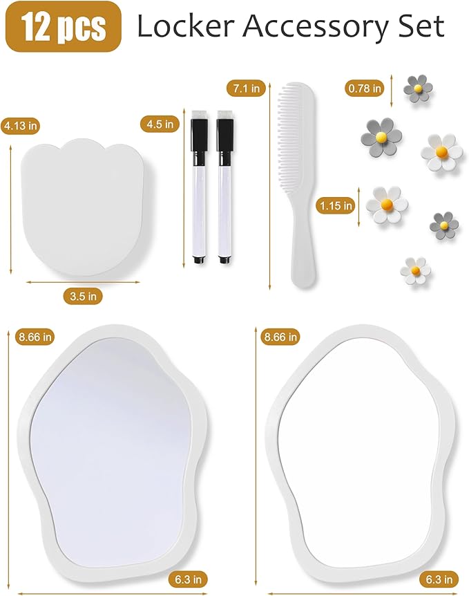 KEYDUACU 12 pcs Girls Locker Accessories, Locker Decorations Including Mirrors, whiteboards, Magnets and organizing Supplies. Ideal for Back-to-School Essentials and The Office (12 pcs-Light Gray)