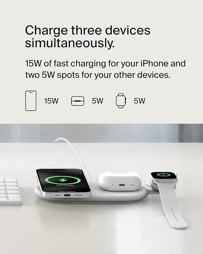 Belkin 3-in-1 MagSafe-Compatible Wireless Charging Pad with Qi2 15W - iPhone Charger - Fast Charging Wireless Charging Station for iPhone 17, 16, & 15 Series, AirPods, Apple Watch, & More - White