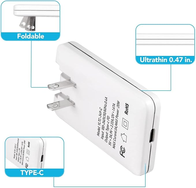 Top-Up 30W Dual Port USB Charger for USB A &amp USB C Devices with Ultra-Thin 30Watt USB C Charger Slim &amp Foldable Plug Charger (White)