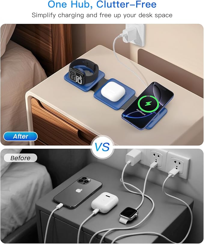 Iseyyox Charging Station for Apple Devices - 3 in 1 Magnetic Foldable Wireless Charger Dock - Travel Charging Pad for MagSafe iPhone 16 15 14 13 12 Pro Max Plus Watch & Airpods